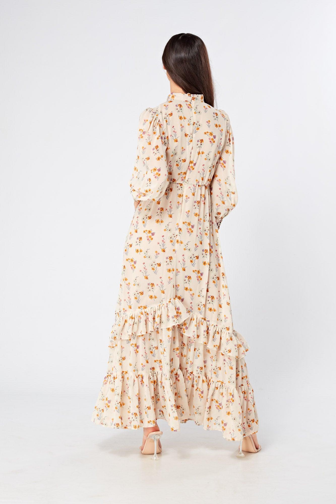 Rosalie High Neck Pussybow Beige Floral Midi Dress - TAHLIRA