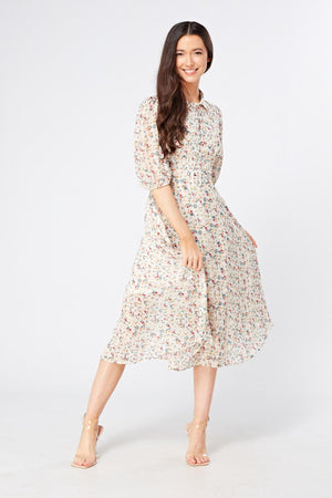 Camilla Belted Off White Floral Georgette Midi Dress - TAHLIRA