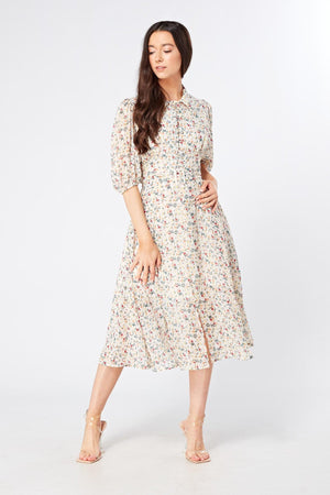 Camilla Belted Off White Floral Georgette Midi Dress - TAHLIRA