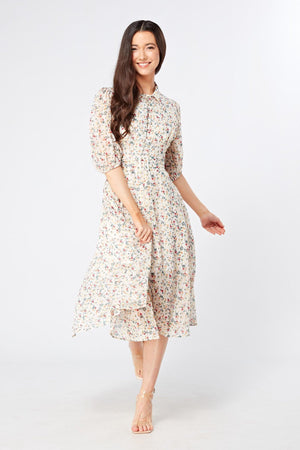 Camilla Belted Off White Floral Georgette Midi Dress - TAHLIRA