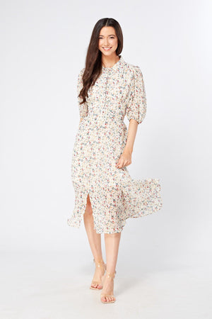 Camilla Belted Off White Floral Georgette Midi Dress - TAHLIRA
