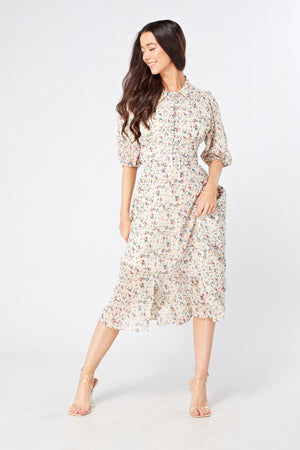 Camilla Belted Off White Floral Georgette Midi Dress - TAHLIRA