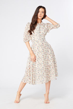 Camilla Belted Off White Floral Georgette Midi Dress - TAHLIRA