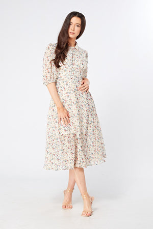 Camilla Belted Off White Floral Georgette Midi Dress - TAHLIRA