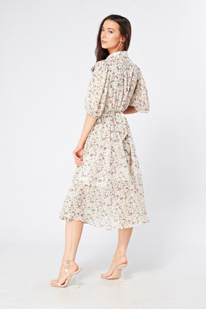 Camilla Belted Off White Floral Georgette Midi Dress - TAHLIRA