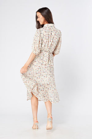 Camilla Belted Off White Floral Georgette Midi Dress - TAHLIRA