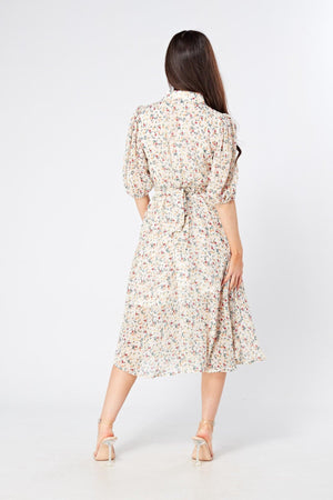 Camilla Belted Off White Floral Georgette Midi Dress - TAHLIRA