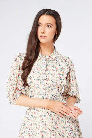Camilla Belted Off White Floral Georgette Midi Dress - TAHLIRA
