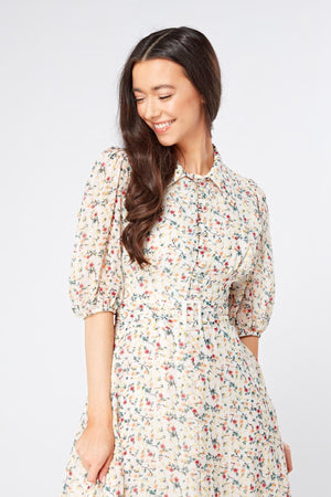 Camilla Belted Off White Floral Georgette Midi Dress - TAHLIRA