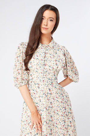 Camilla Belted Off White Floral Georgette Midi Dress - TAHLIRA