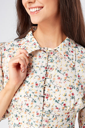 Camilla Belted Off White Floral Georgette Midi Dress - TAHLIRA