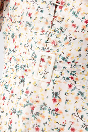 Camilla Belted Off White Floral Georgette Midi Dress - TAHLIRA