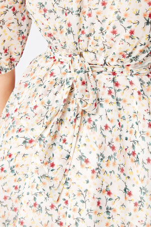 Camilla Belted Off White Floral Georgette Midi Dress - TAHLIRA