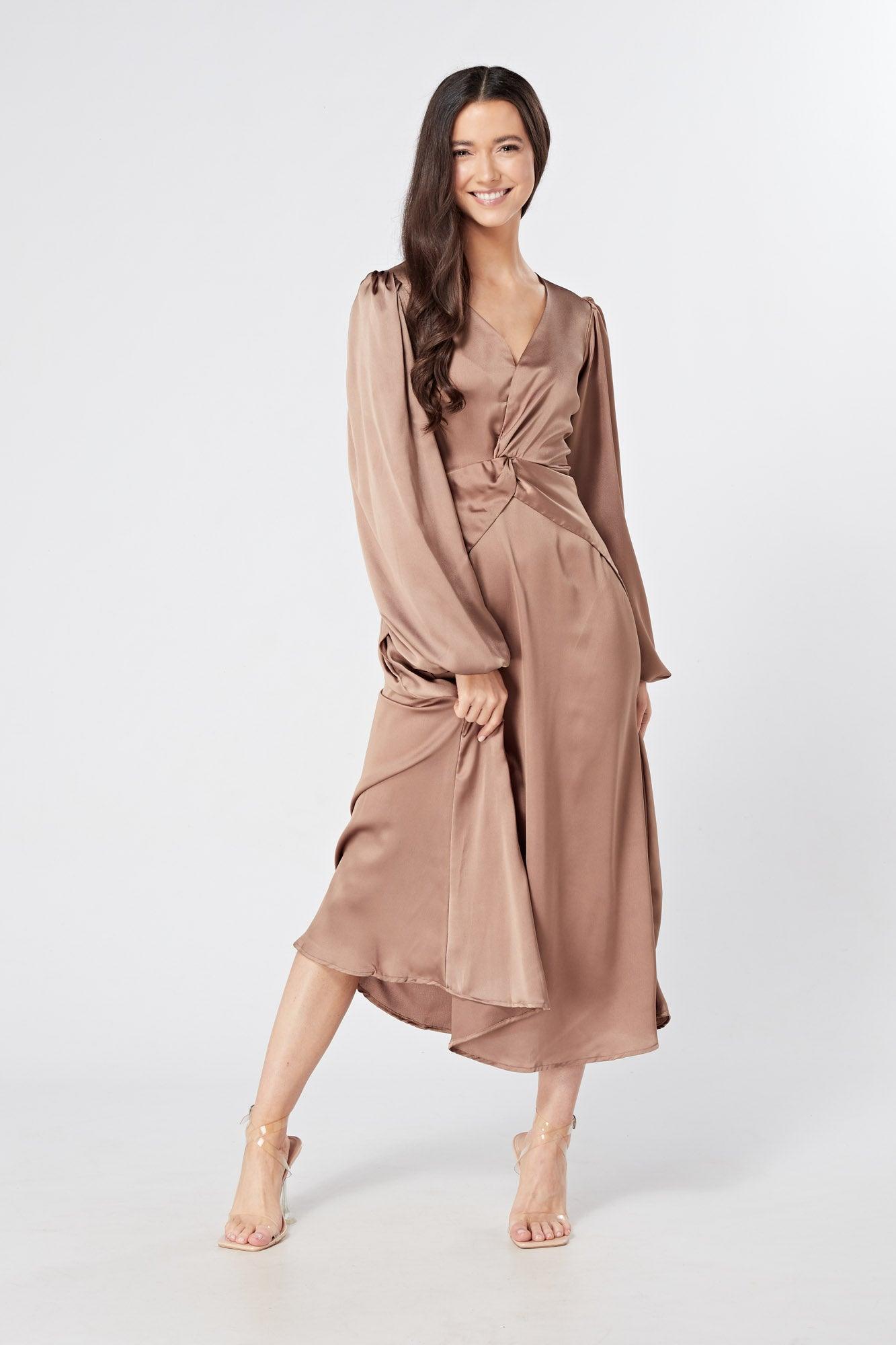 Calissa Brown Satin-feel Folded Body Midaxi Dress - TAHLIRA