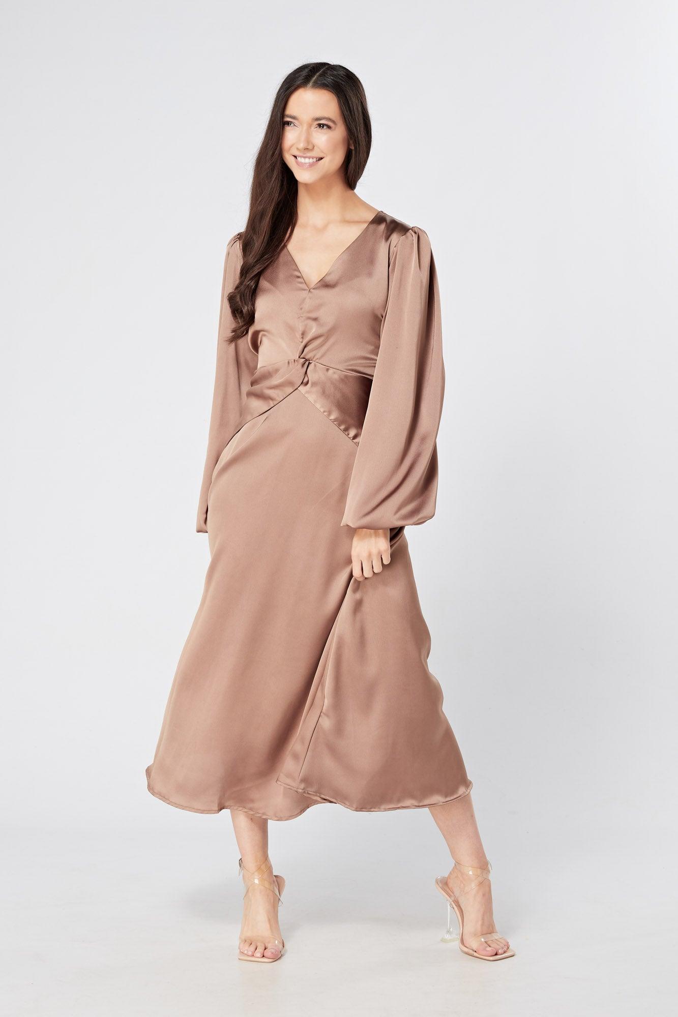 Calissa Brown Satin-feel Folded Body Midaxi Dress - TAHLIRA