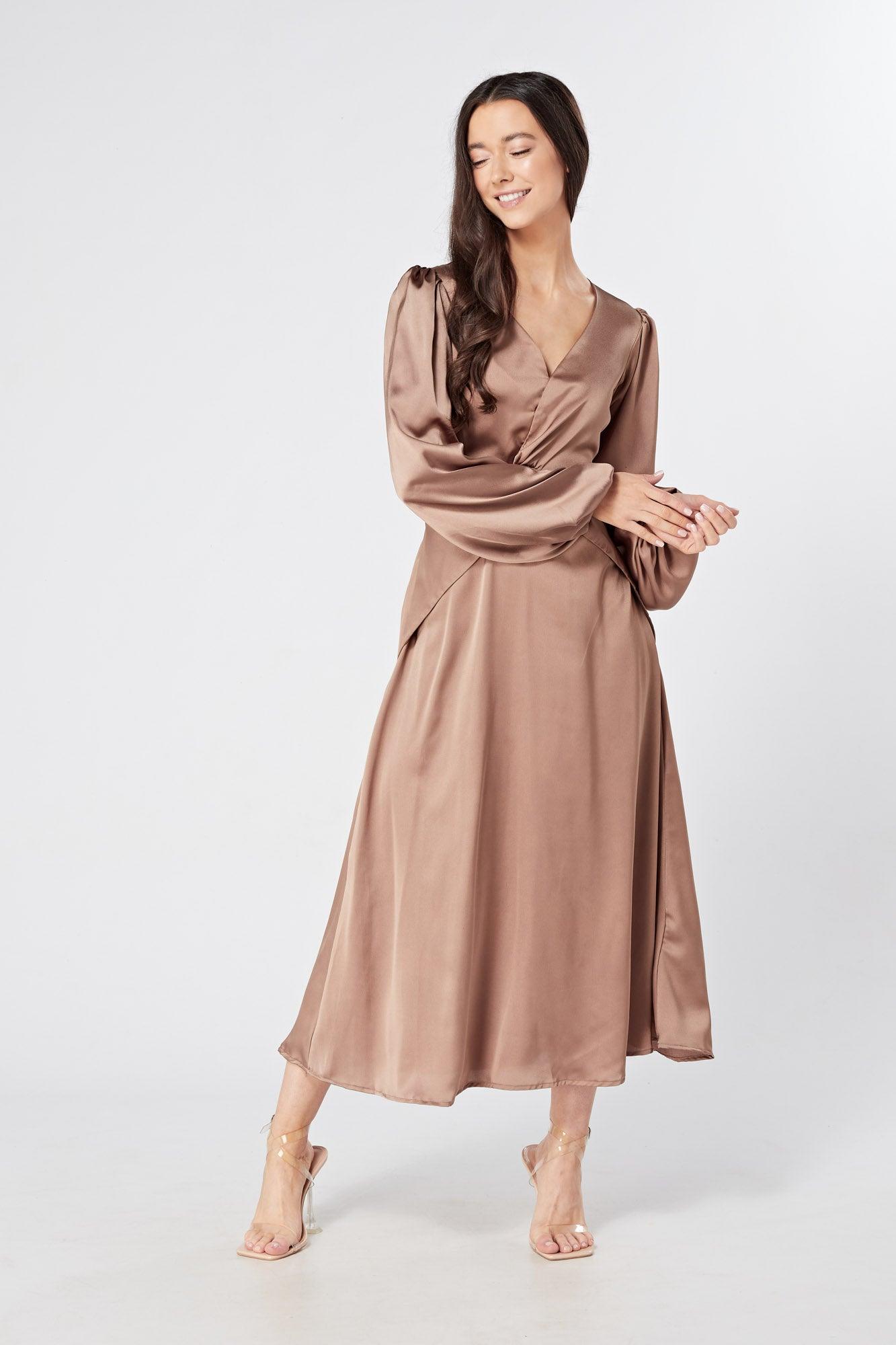 Calissa Brown Satin-feel Folded Body Midaxi Dress - TAHLIRA