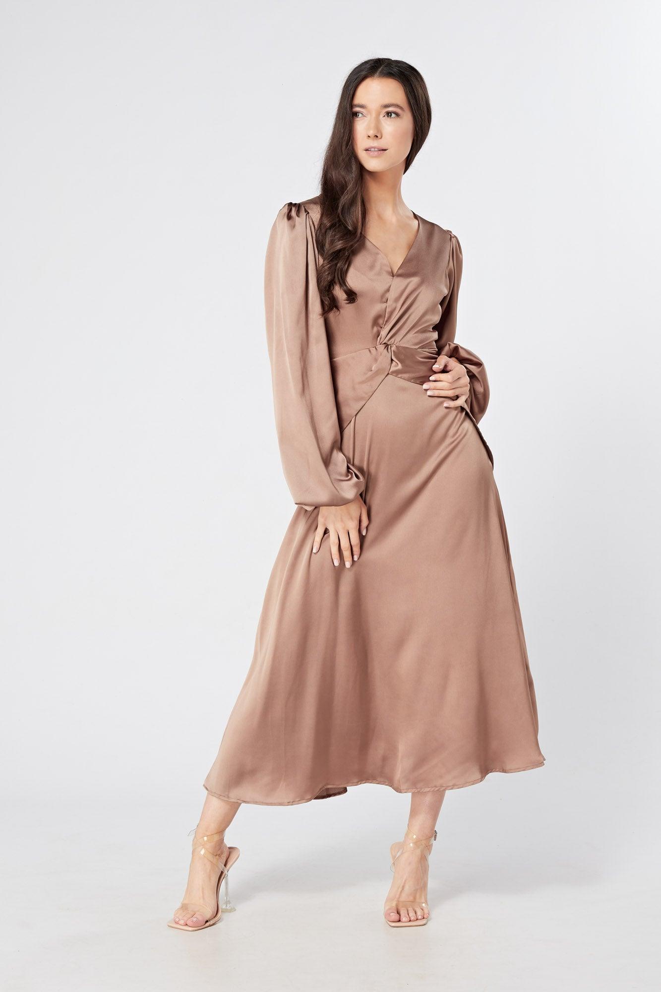 Calissa Brown Satin-feel Folded Body Midaxi Dress - TAHLIRA