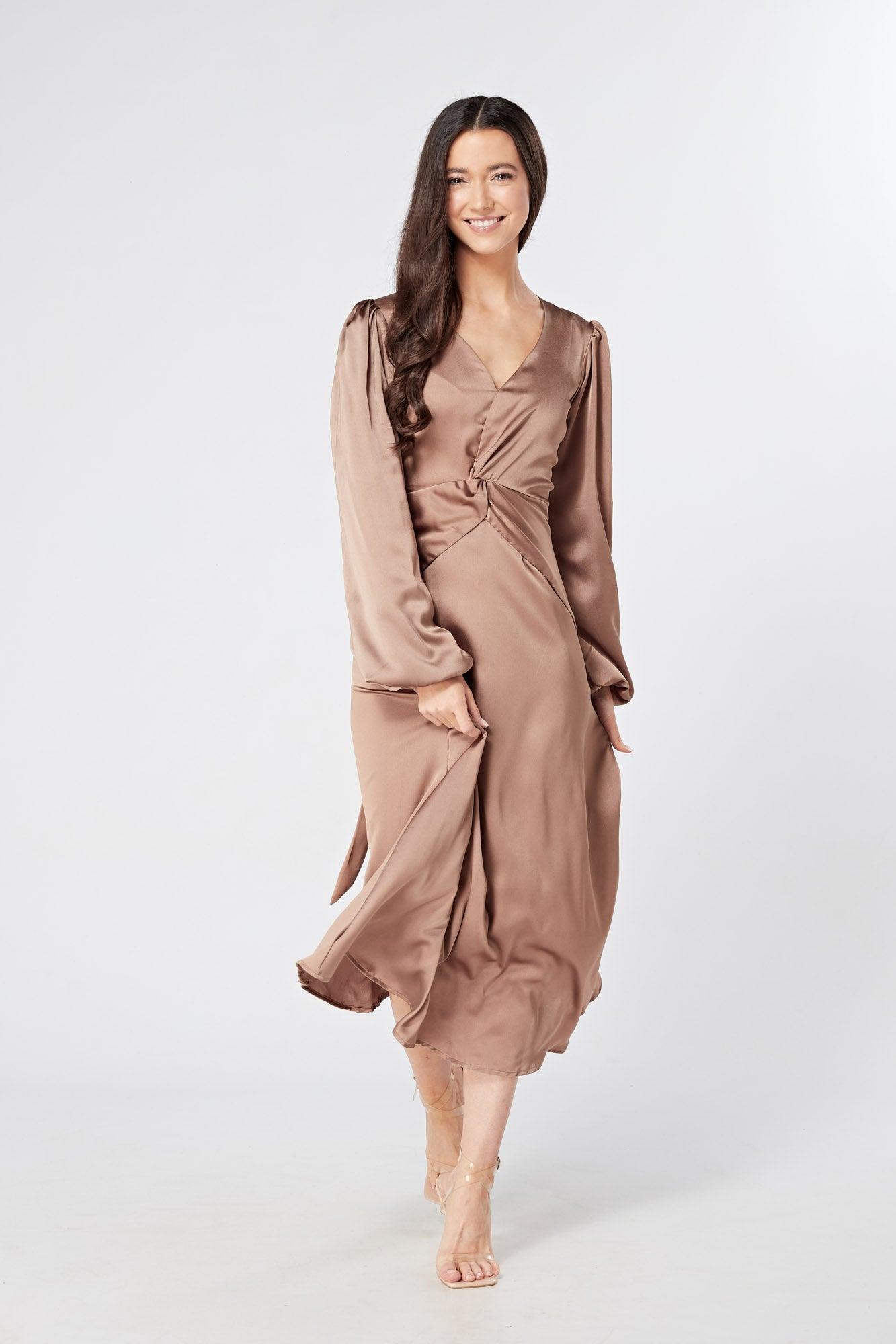 Calissa Brown Satin-feel Folded Body Midaxi Dress - TAHLIRA