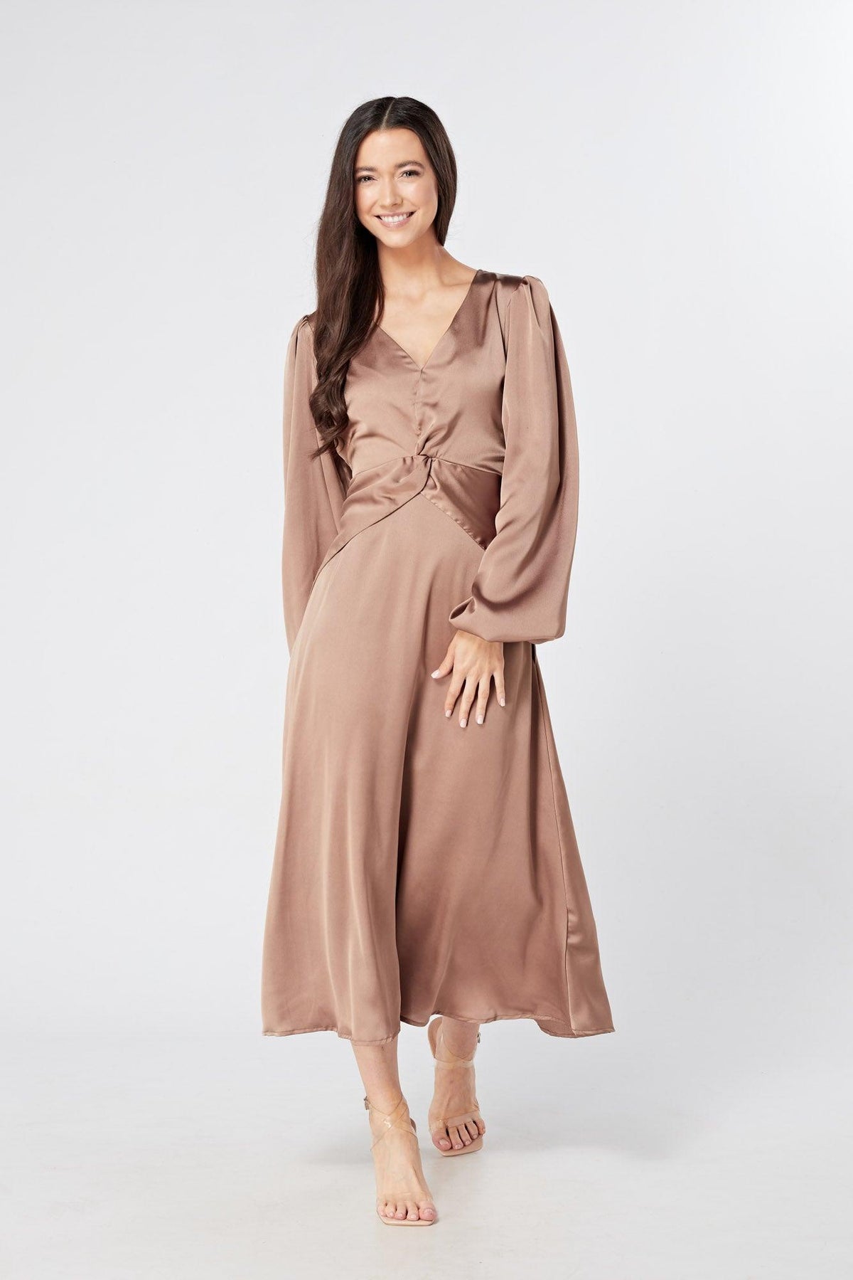 Calissa Brown Satin-feel Folded Body Midaxi Dress - TAHLIRA