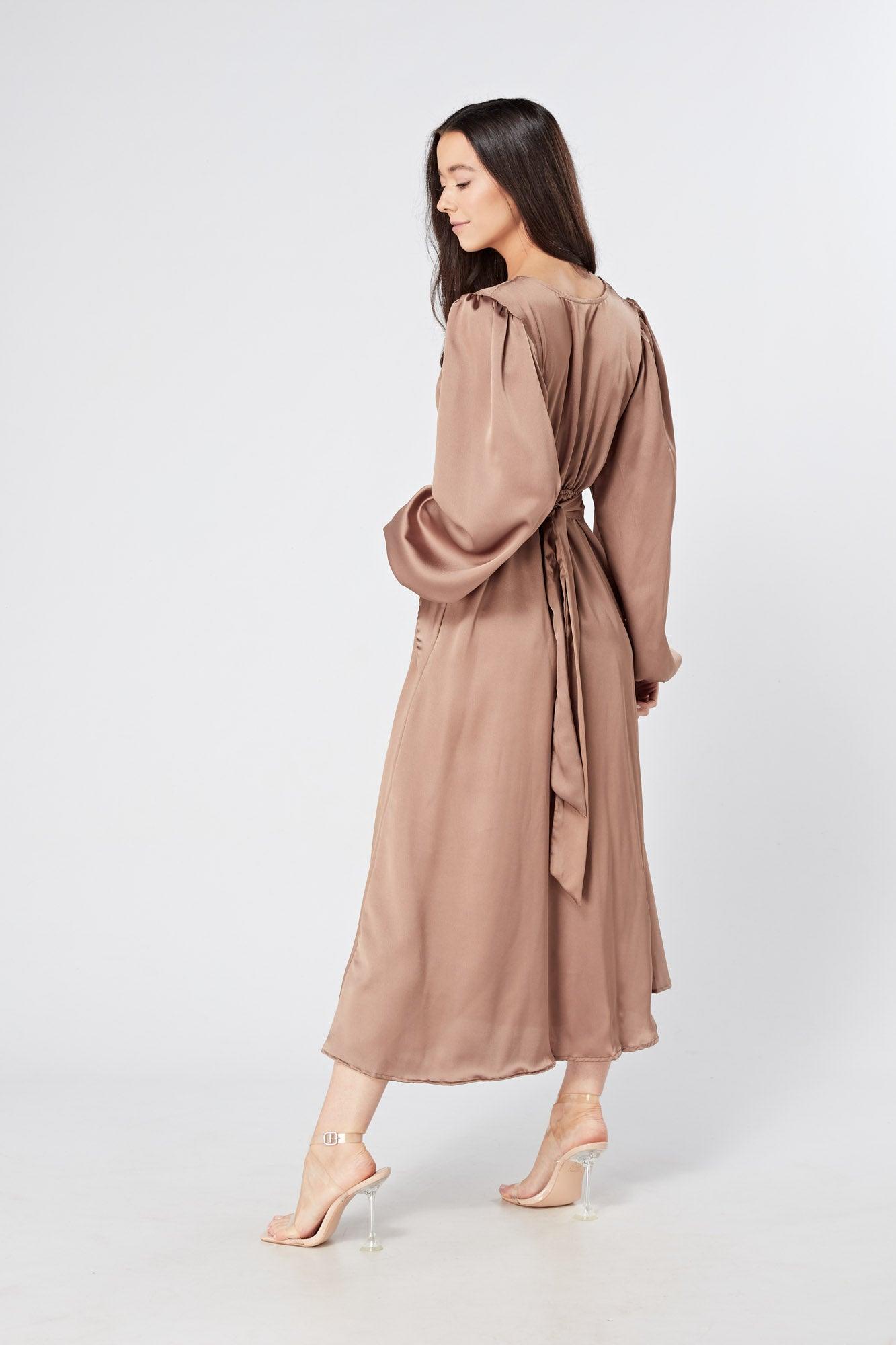 Calissa Brown Satin-feel Folded Body Midaxi Dress - TAHLIRA