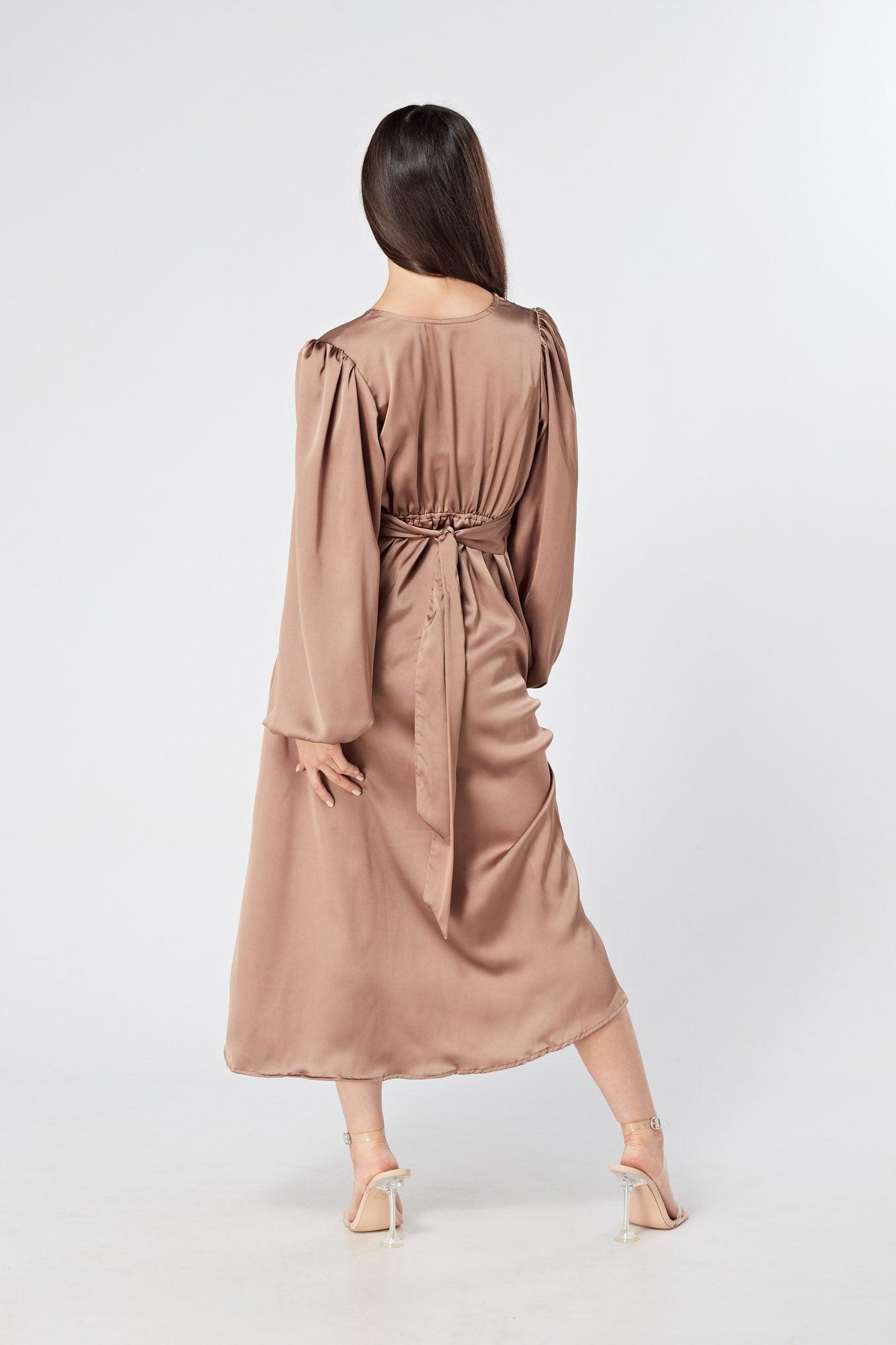 Calissa Brown Satin-feel Folded Body Midaxi Dress - TAHLIRA