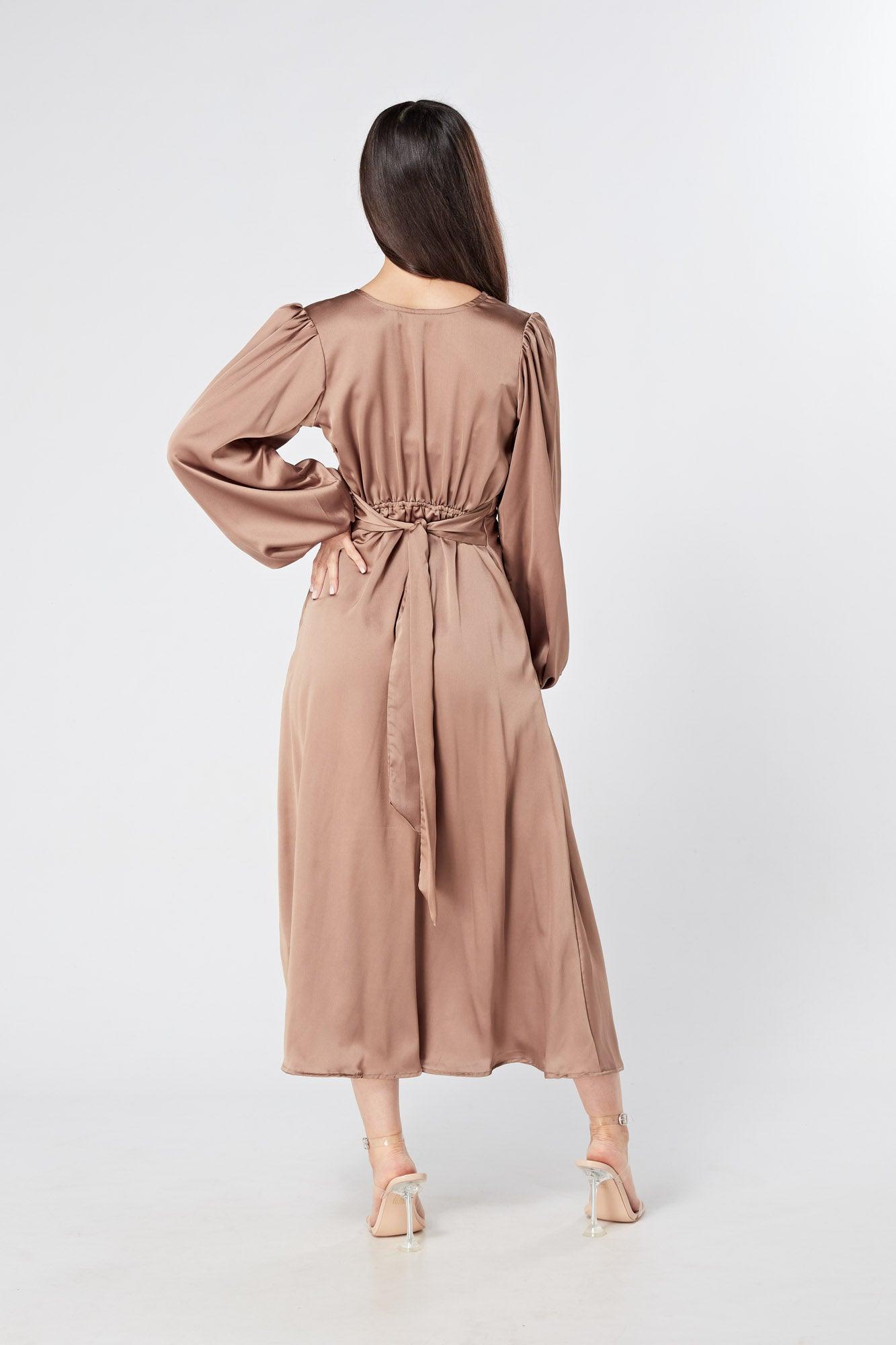 Calissa Brown Satin-feel Folded Body Midaxi Dress - TAHLIRA