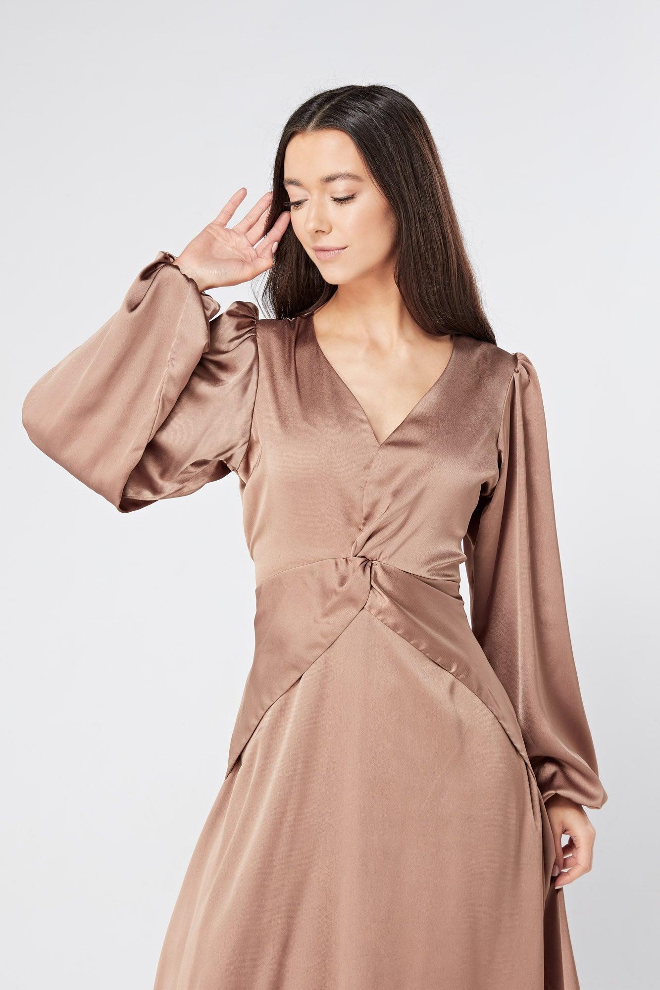 Calissa Brown Satin-feel Folded Body Midaxi Dress - TAHLIRA