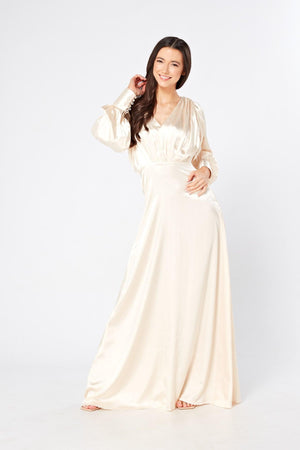 Vanilla-Ivory Maxi Dress With Long Sleeves - TAHLIRA