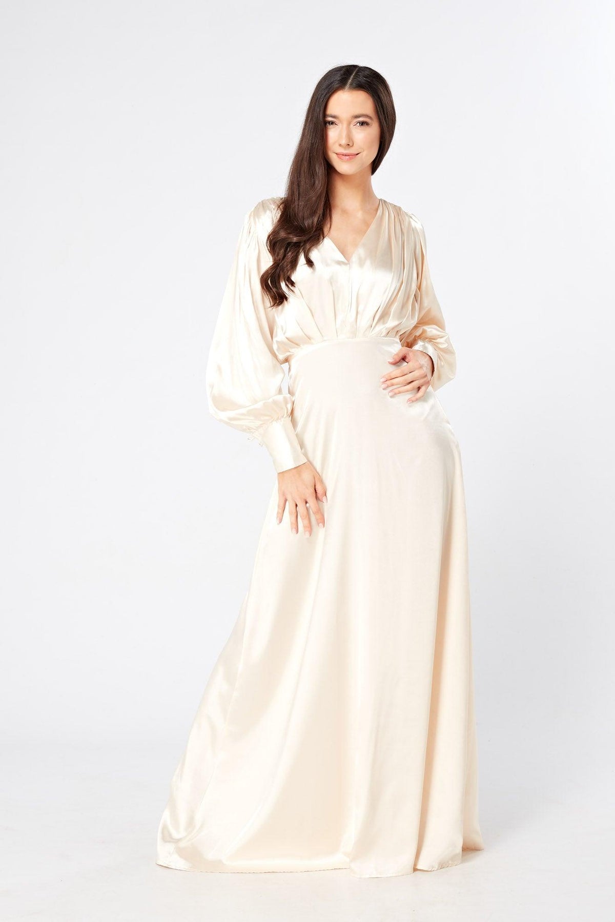 Vanilla-Ivory Maxi Dress With Long Sleeves - TAHLIRA