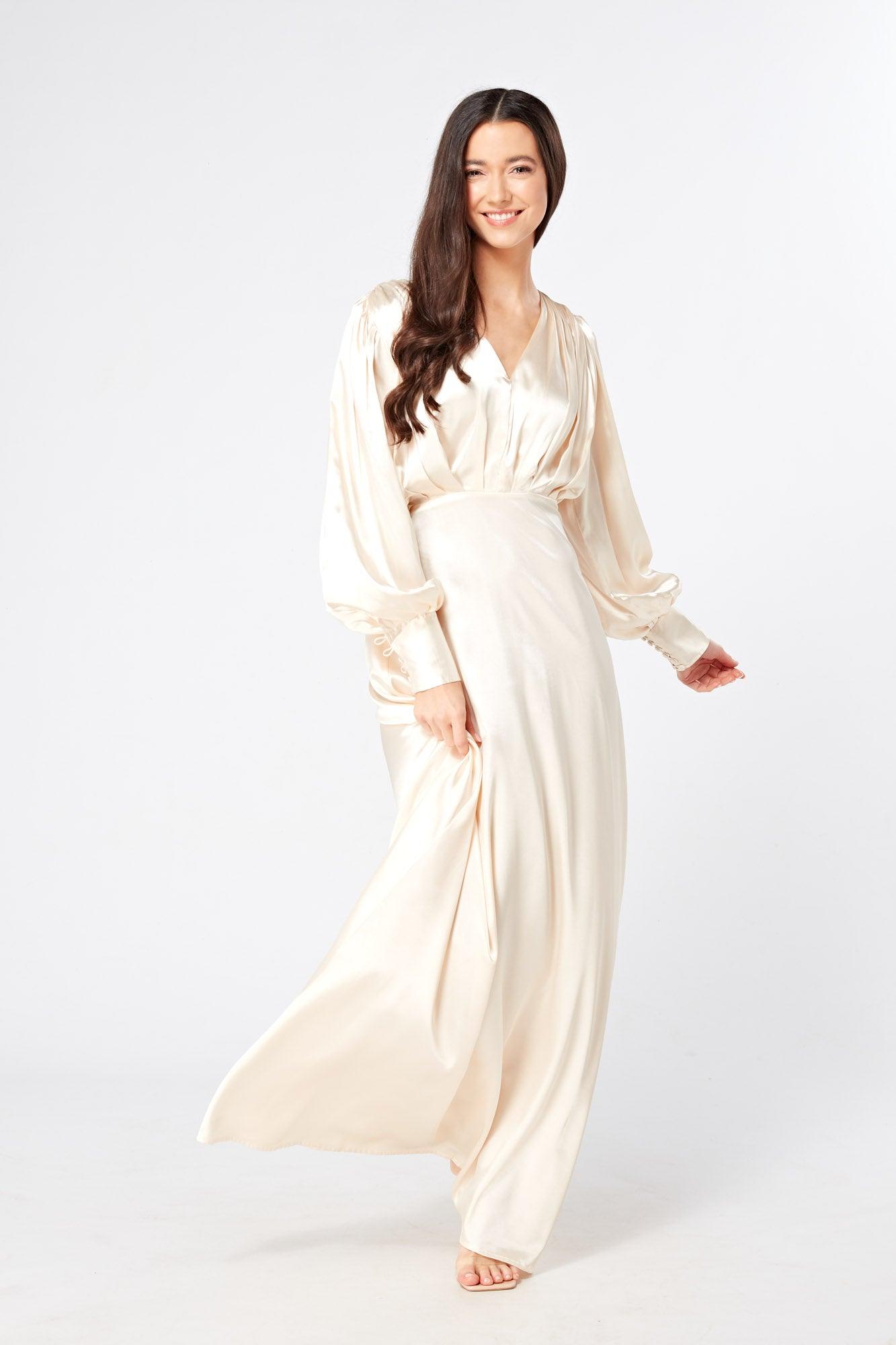Vanilla-Ivory Maxi Dress With Long Sleeves - TAHLIRA