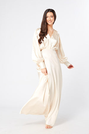 Vanilla-Ivory Maxi Dress With Long Sleeves - TAHLIRA