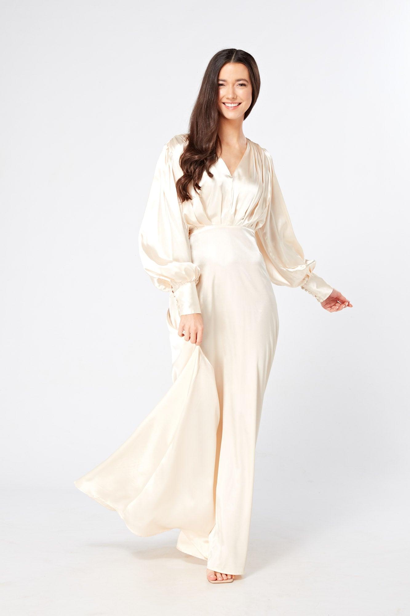 Vanilla-Ivory Maxi Dress With Long Sleeves - TAHLIRA