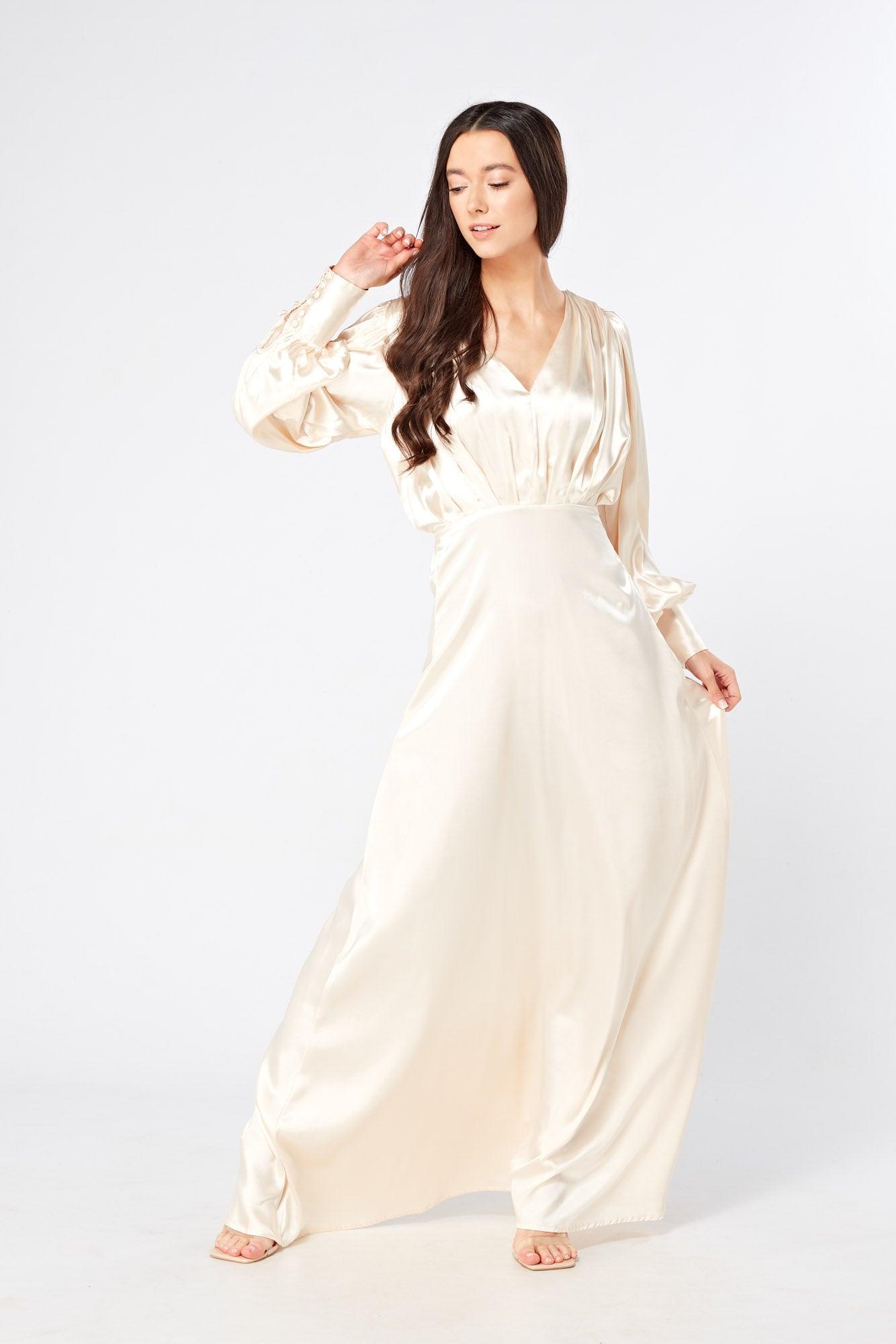 Vanilla-Ivory Maxi Dress With Long Sleeves - TAHLIRA