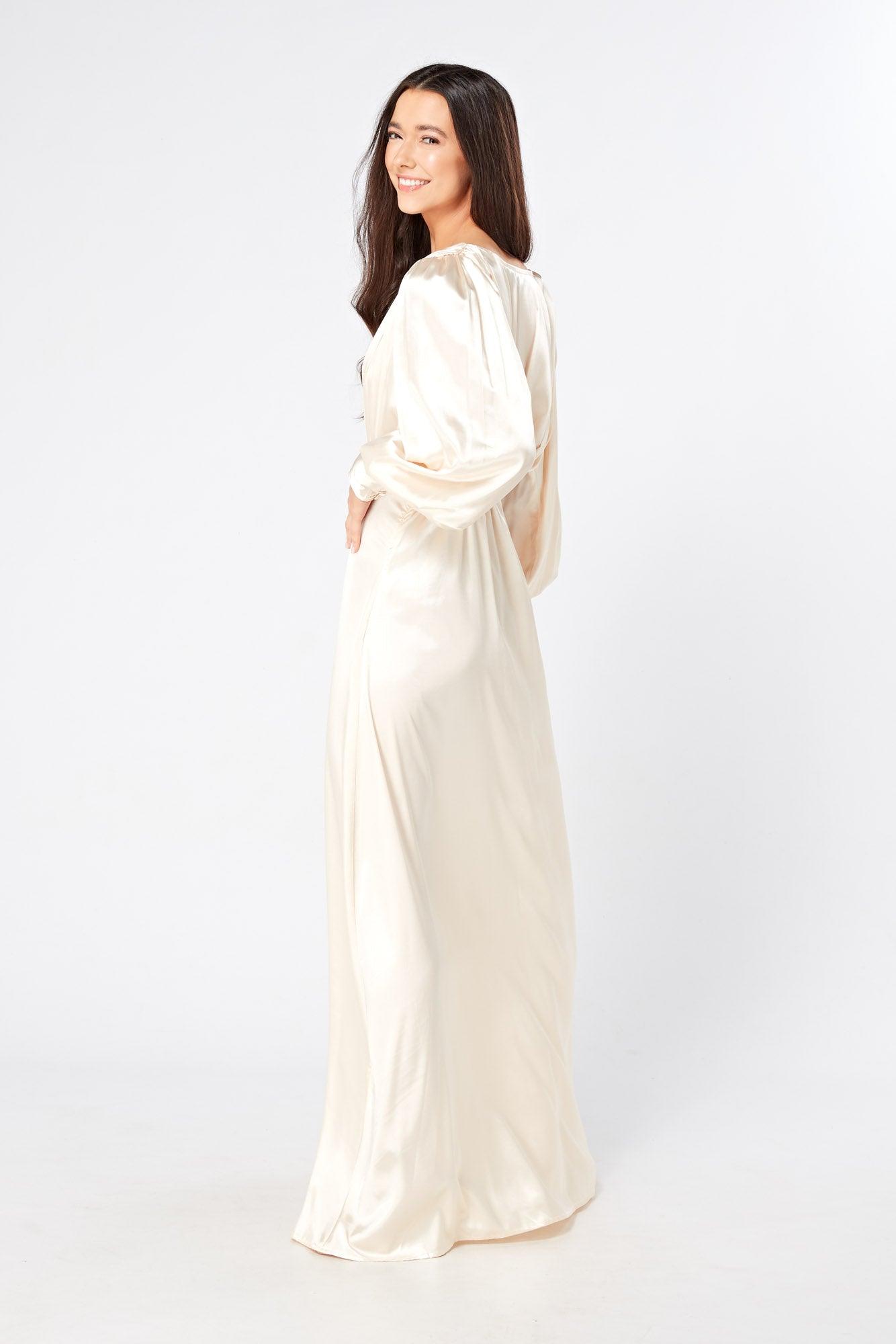 Vanilla-Ivory Maxi Dress With Long Sleeves - TAHLIRA