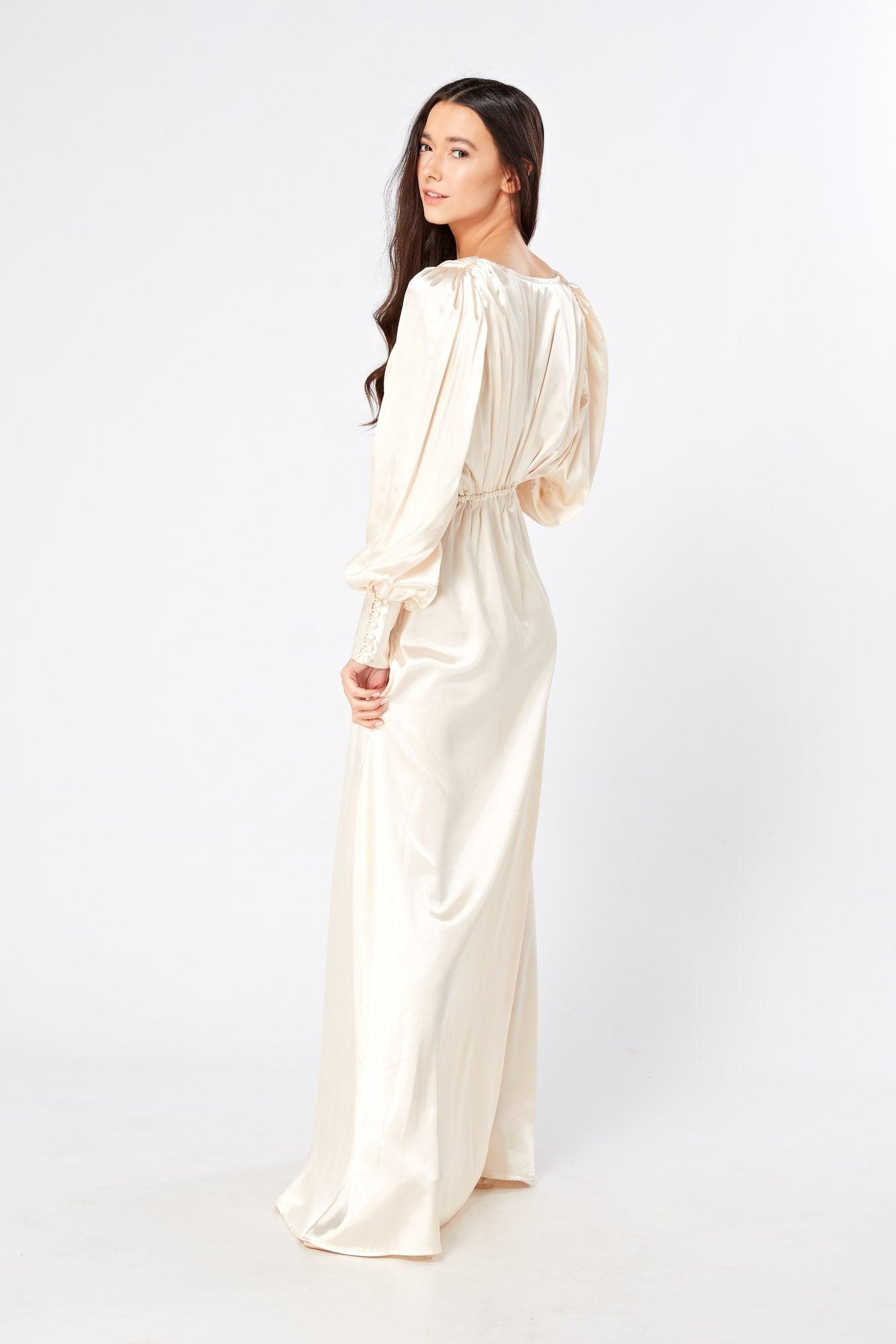 Vanilla-Ivory Maxi Dress With Long Sleeves - TAHLIRA