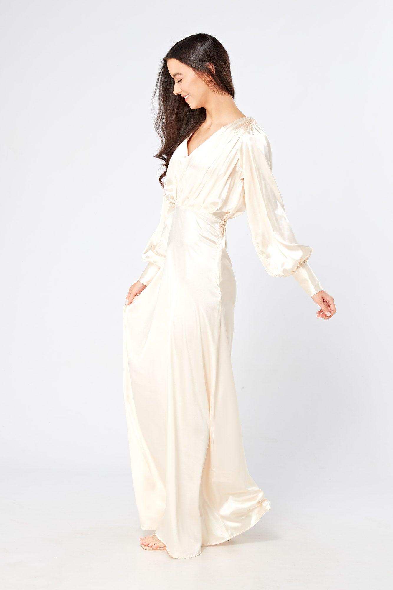 Vanilla-Ivory Maxi Dress With Long Sleeves - TAHLIRA