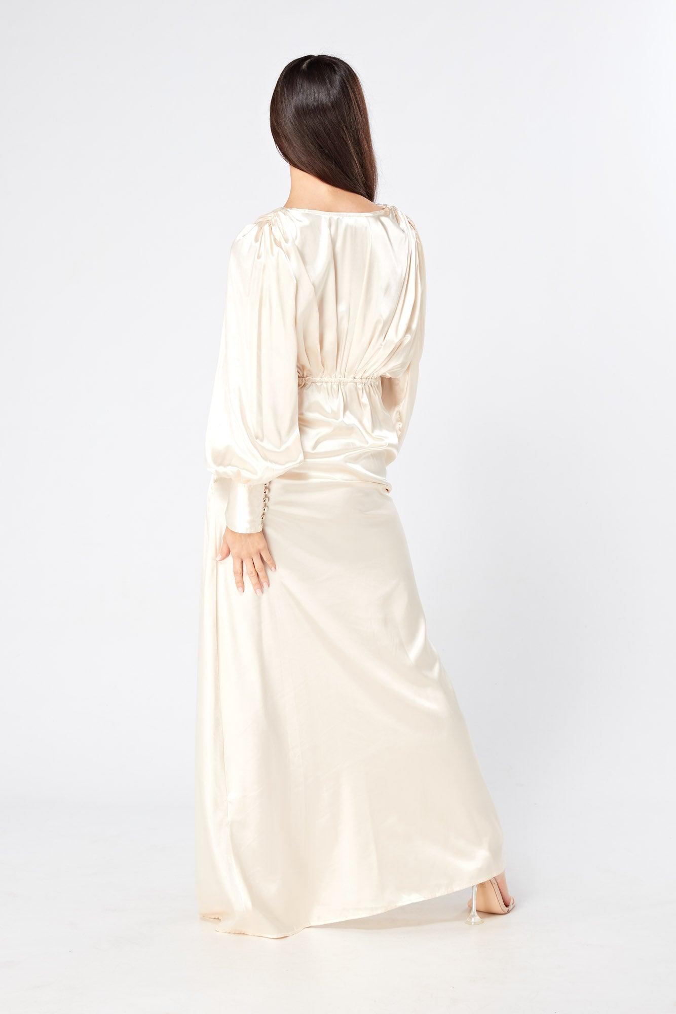 Vanilla-Ivory Maxi Dress With Long Sleeves - TAHLIRA