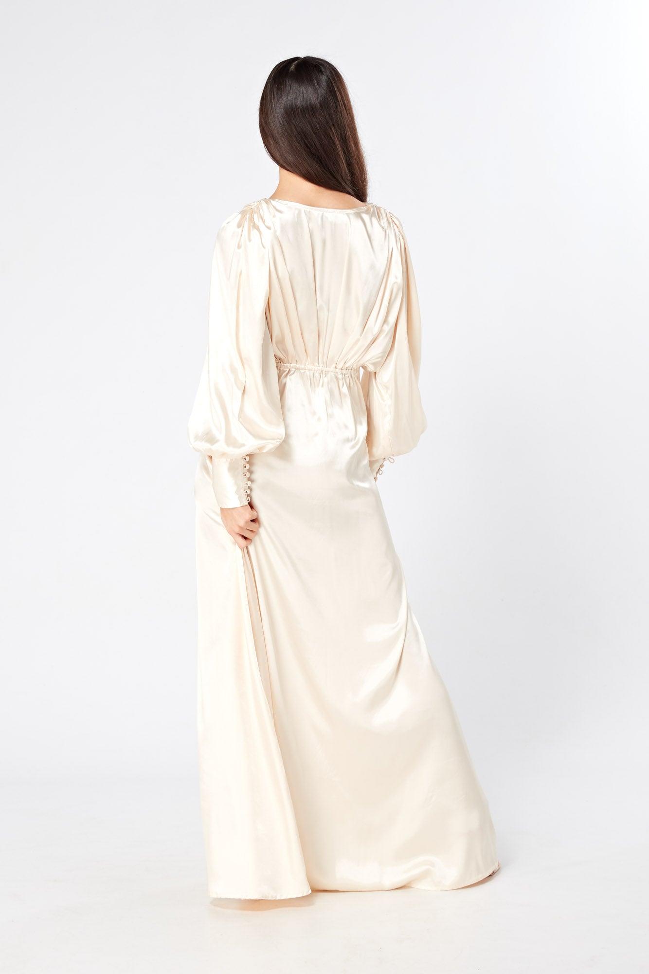 Vanilla-Ivory Maxi Dress With Long Sleeves - TAHLIRA