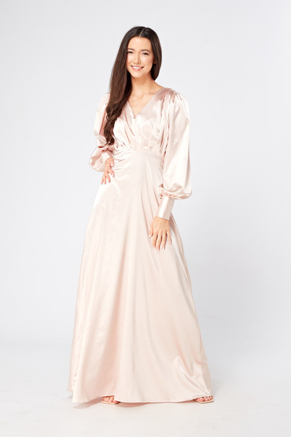 Rosetta Light Rose Pink Satin Maxi Dress With Long Sleeves