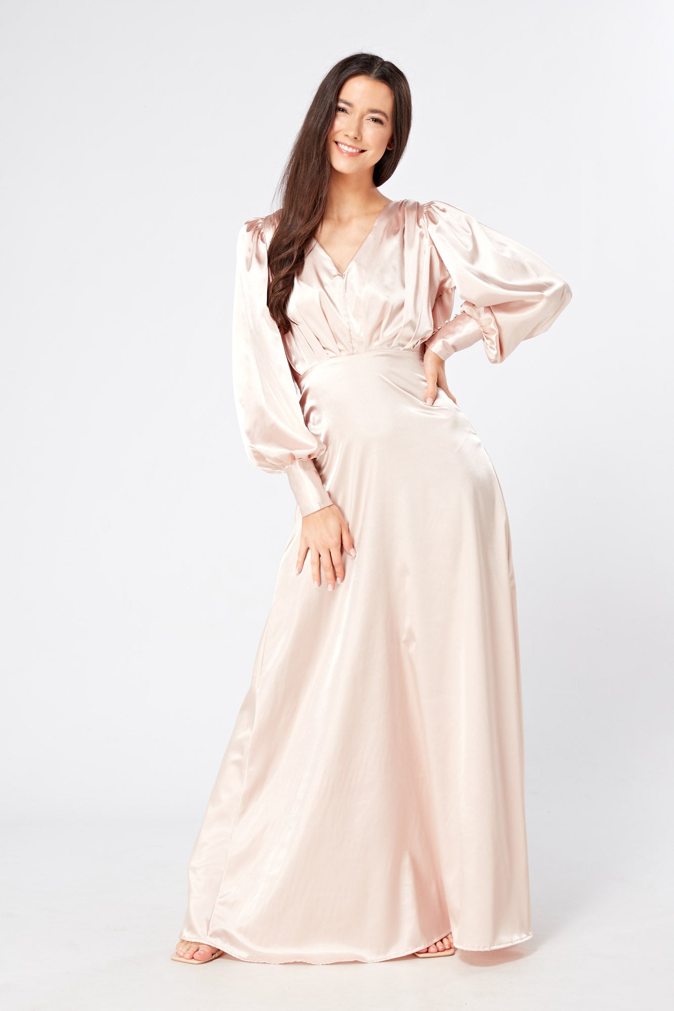 Rosetta Light Rose Pink Satin Maxi Dress With Long Sleeves Rosetta Light Rose Pink Satin Maxi Dress With Long Sleeves