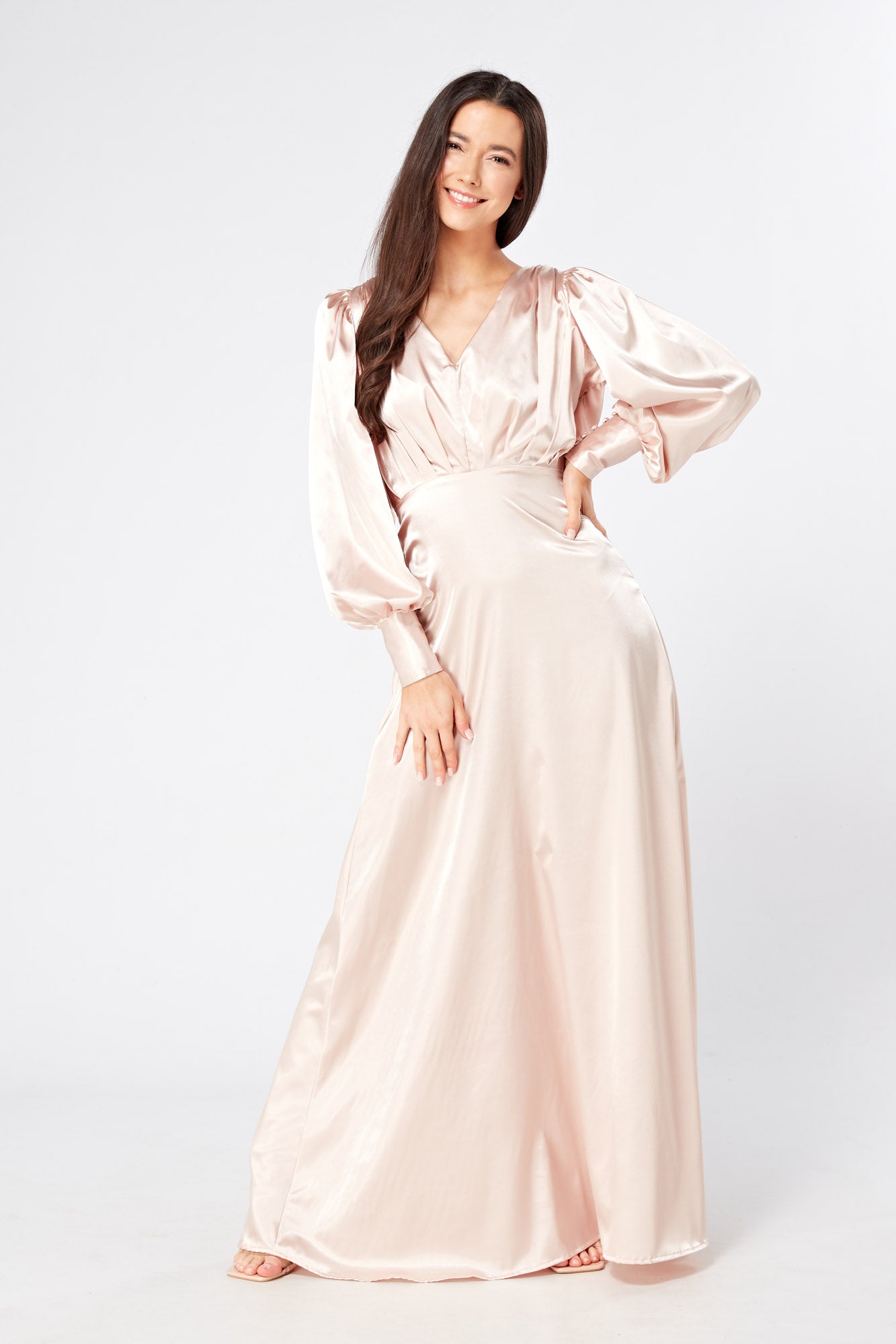 Rosetta Light Rose Pink Satin Maxi Dress With Long Sleeves