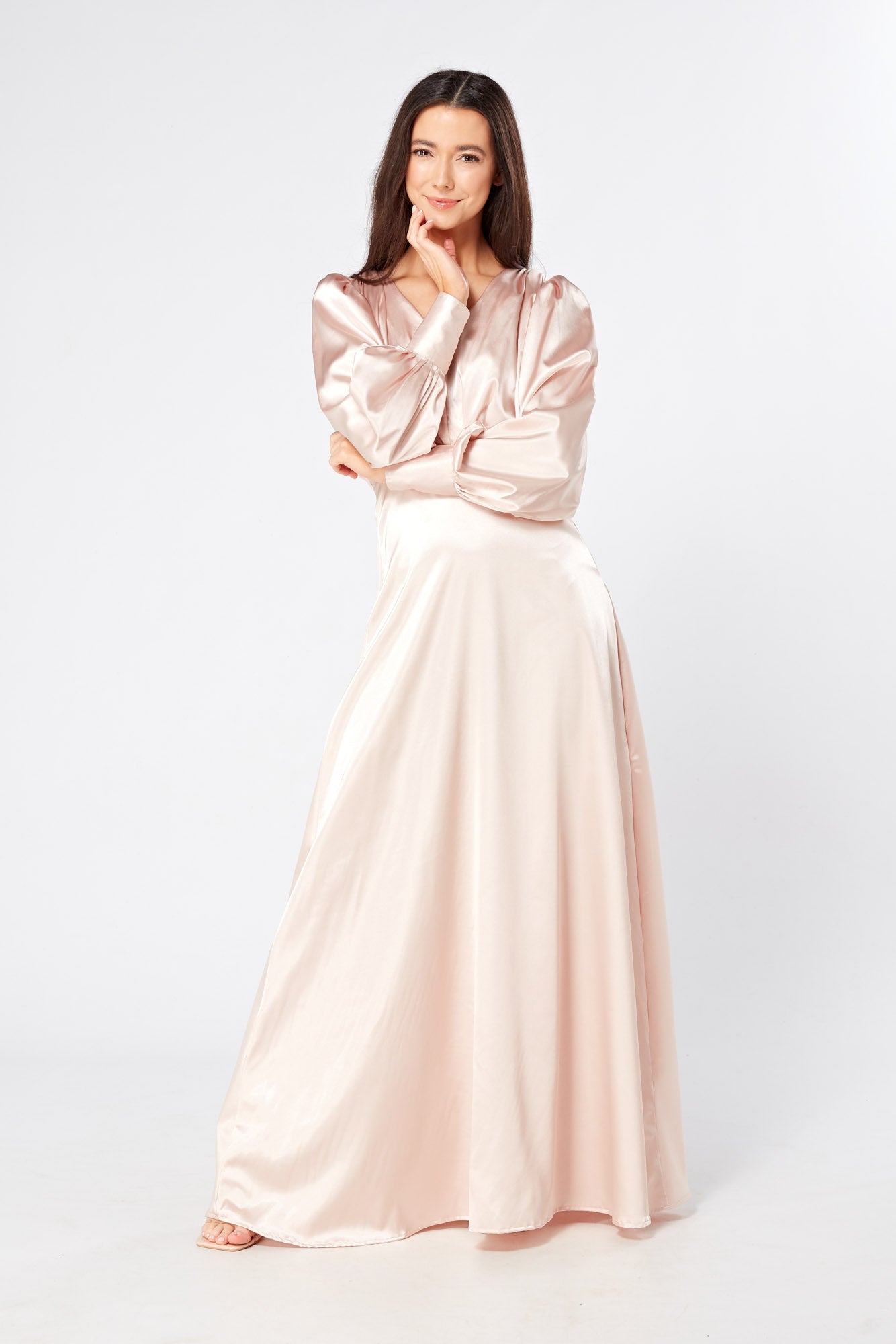 Rosetta Light Rose Pink Satin Maxi Dress With Long Sleeves