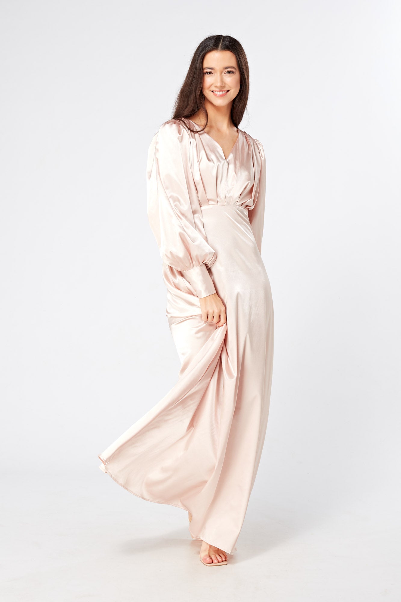 Rosetta Light Rose Pink Satin Maxi Dress With Long Sleeves