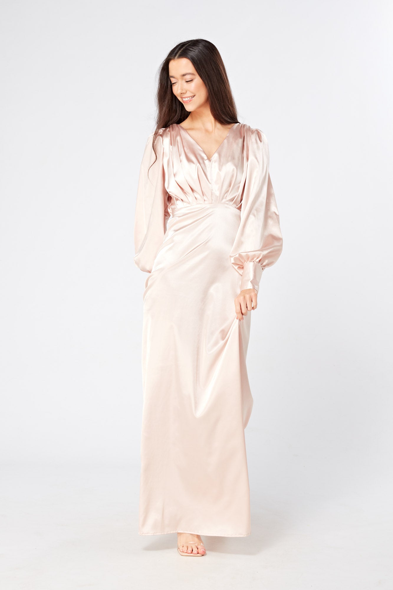 Rosetta Light Rose Pink Satin Maxi Dress With Long Sleeves