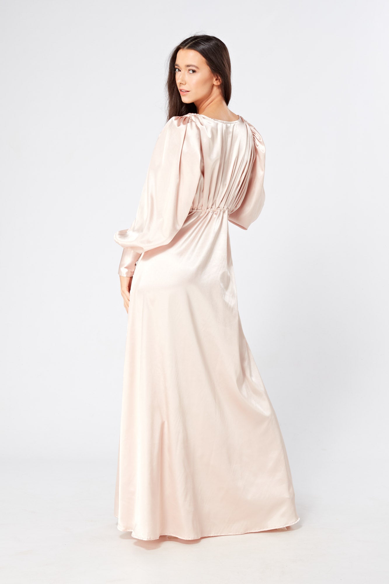 Rosetta Light Rose Pink Satin Maxi Dress With Long Sleeves