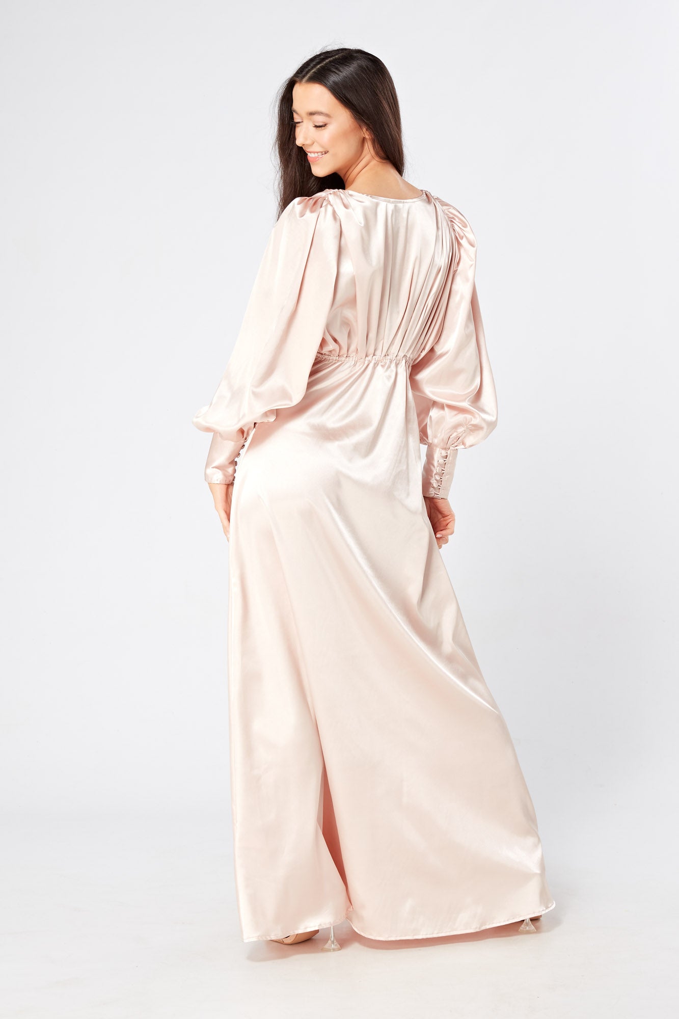 Rosetta Light Rose Pink Satin Maxi Dress With Long Sleeves