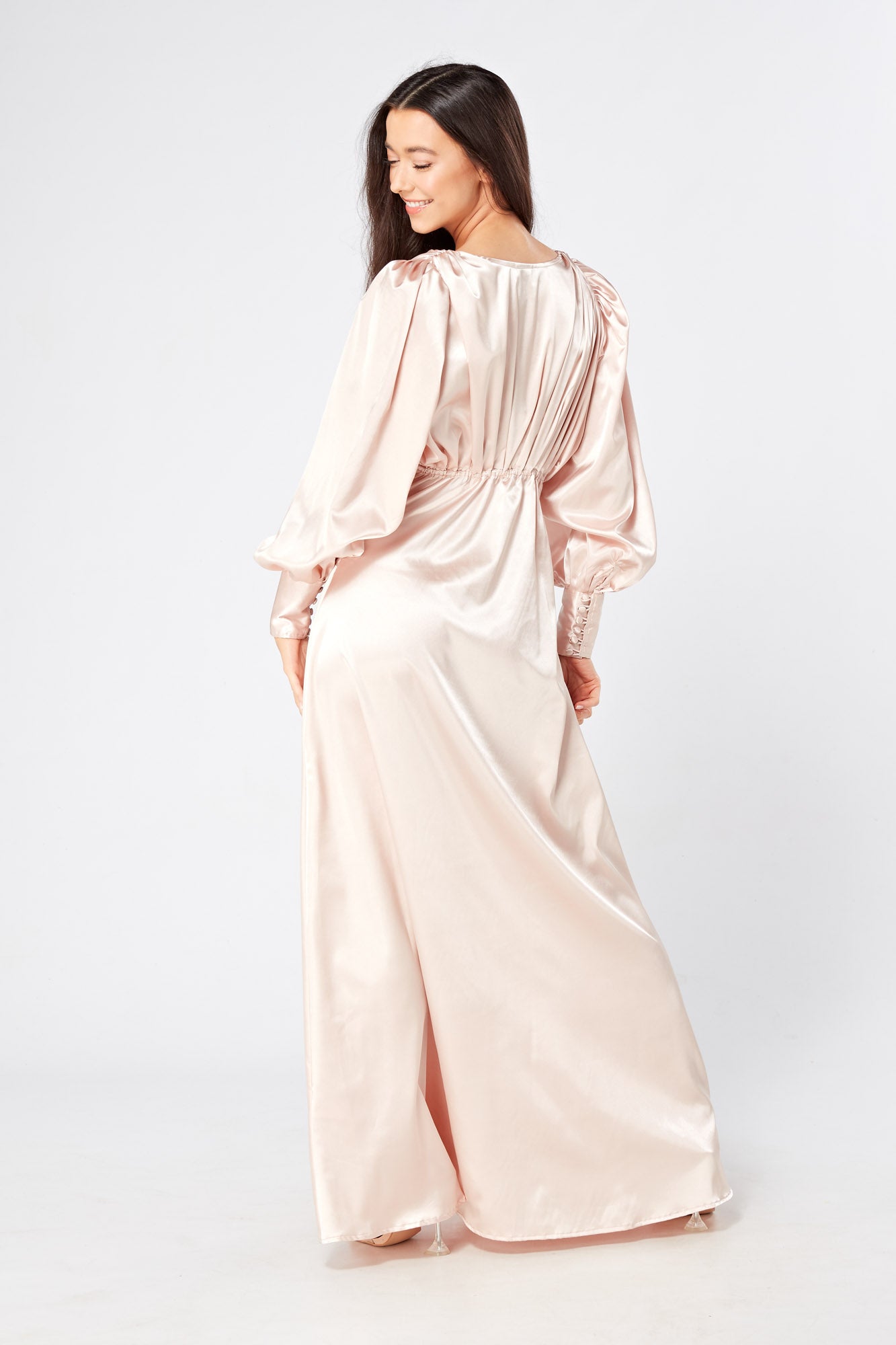 pink silk dress with sleeves Light Pink Wrap Satin Dress With Flutter Sleeves