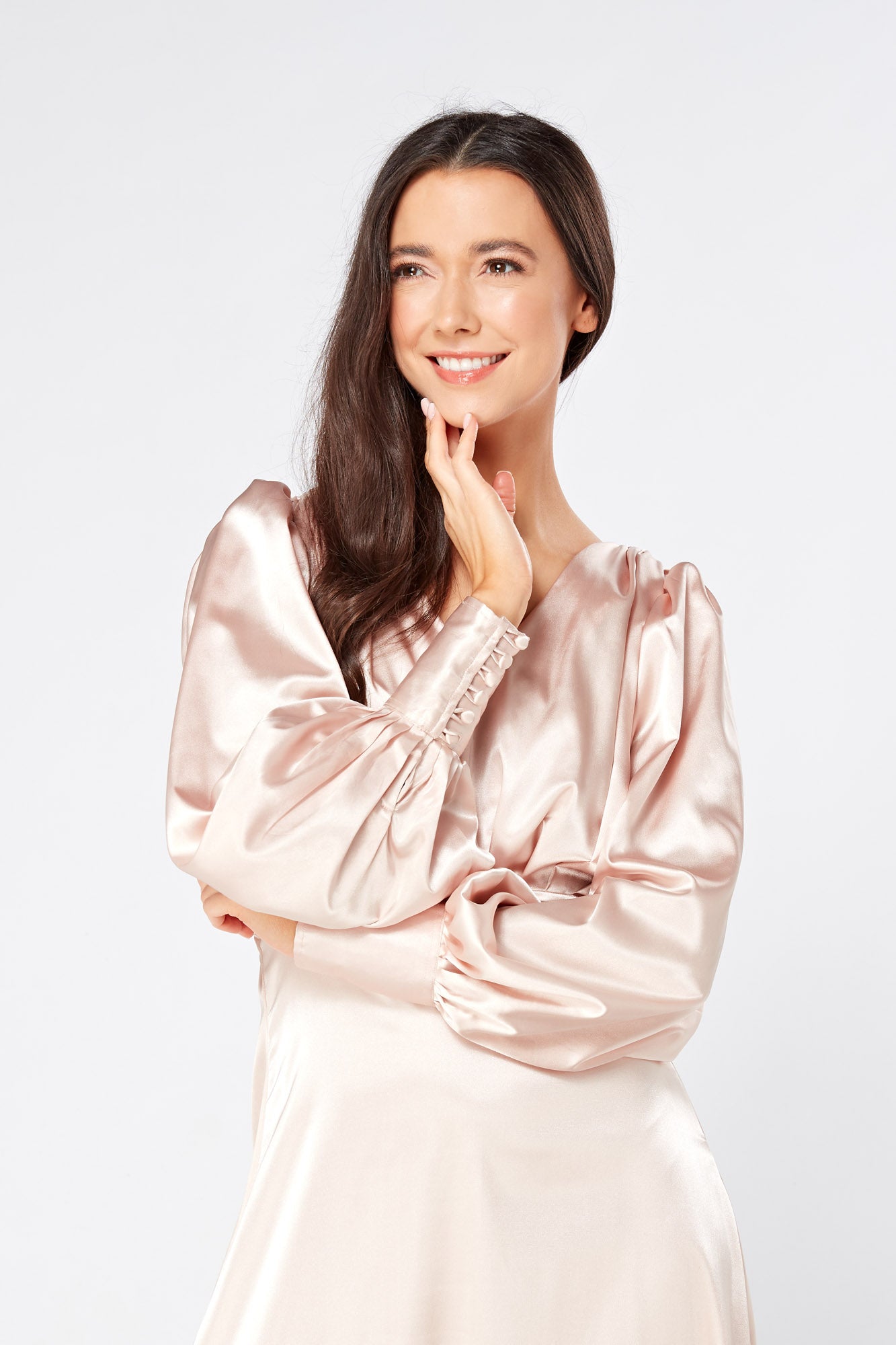 Rosetta Light Rose Pink Satin Maxi Dress With Long Sleeves