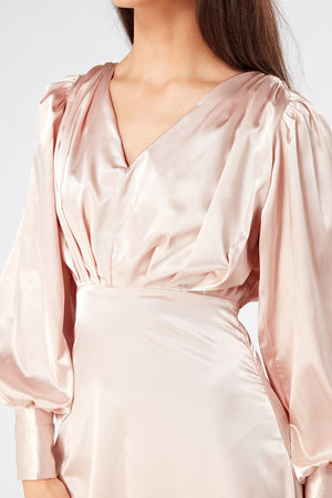 Rosetta Light Rose Pink Satin Maxi Dress With Long Sleeves
