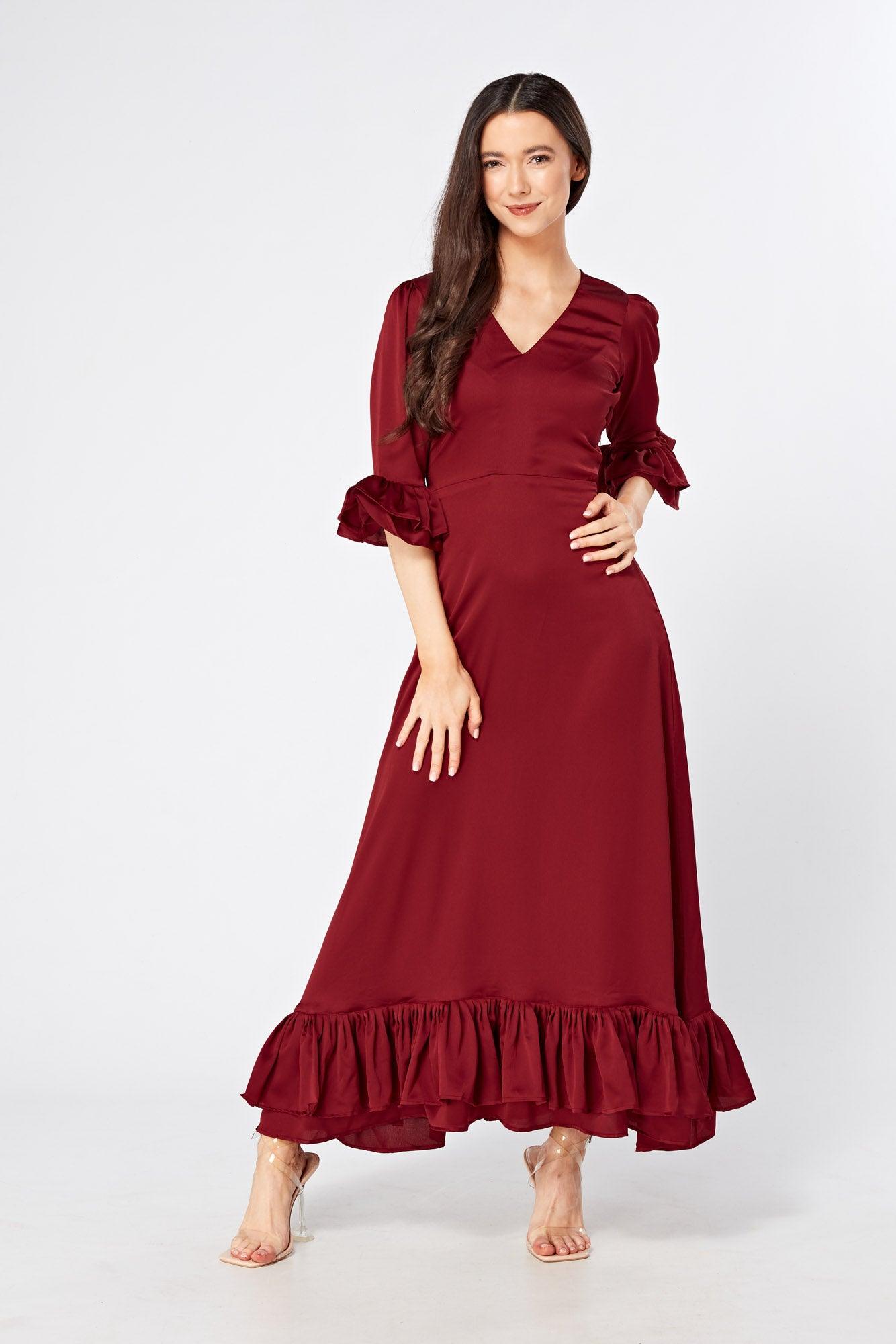 Francesca Frilled Hem Satin-Feel Maroon Maxi Dress - TAHLIRA